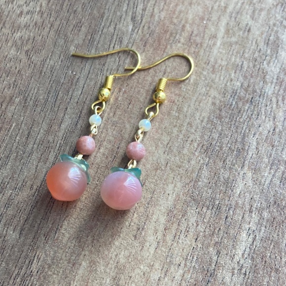 Carved Agate Peach Drop Earrings - Picture 2 of 4